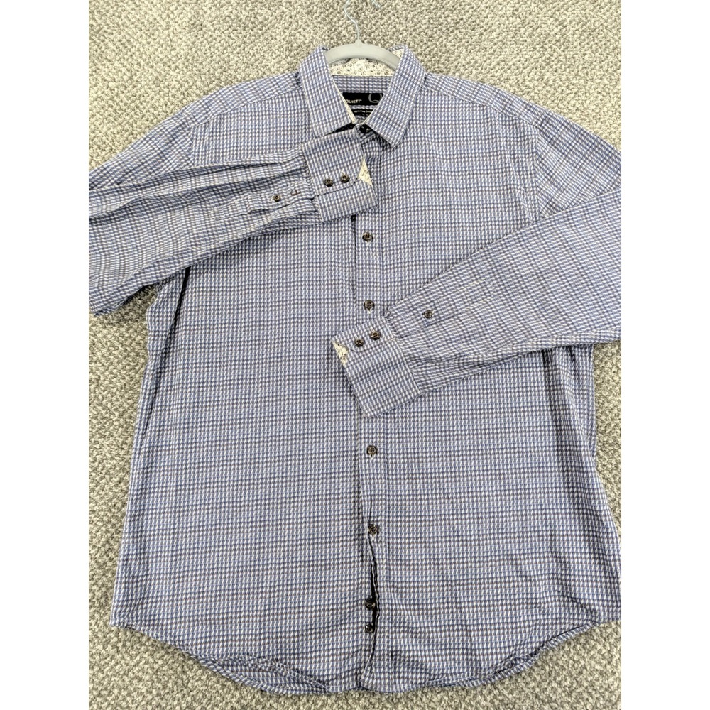Quieti Mens Large Blue Brown Micro Check Fine Cotton Button Down Shirt Large